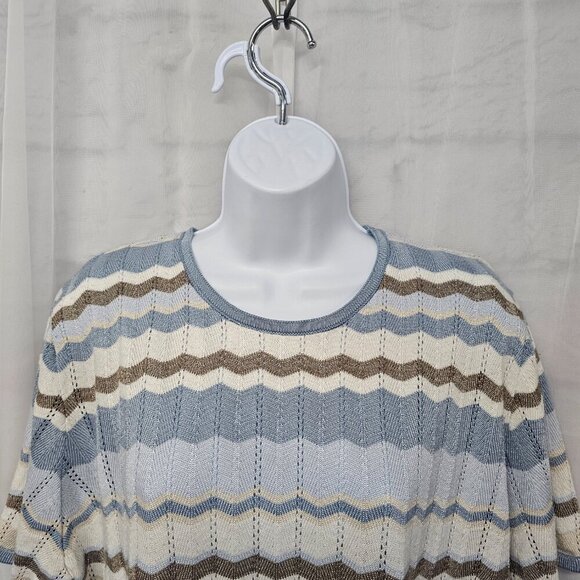 Vintage Alfred Dunner Blue Tan Chevron Striped Short Sleeve Sweater Pointelle 2X - Picture 2 of 11